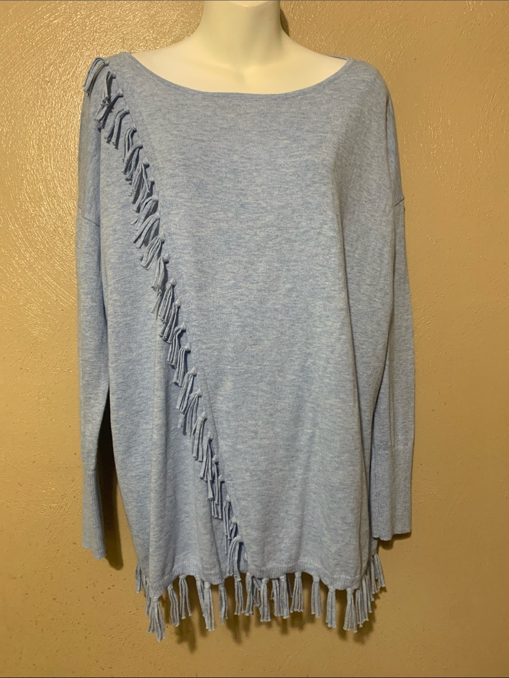 Lilly Pulitzer Light Blue Knit Faux Wrap Top with Fringed Trim